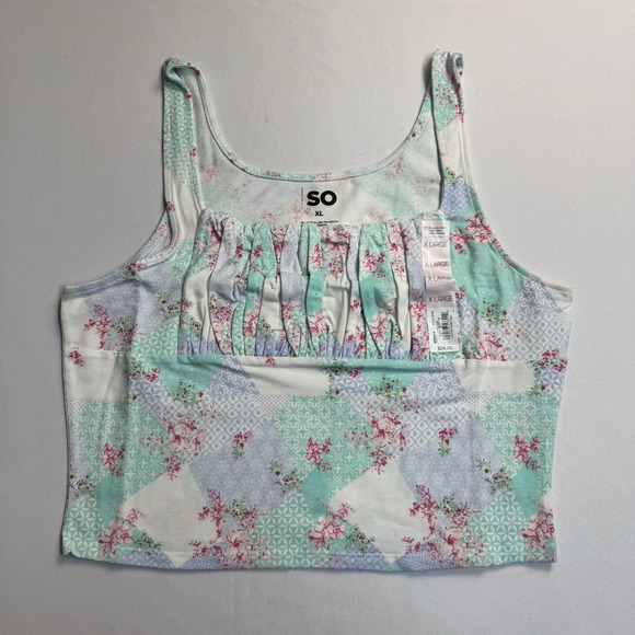 SO Ruched Front Tank Top Juniors Size XL Blue Flower Print - Picture 1 of 8